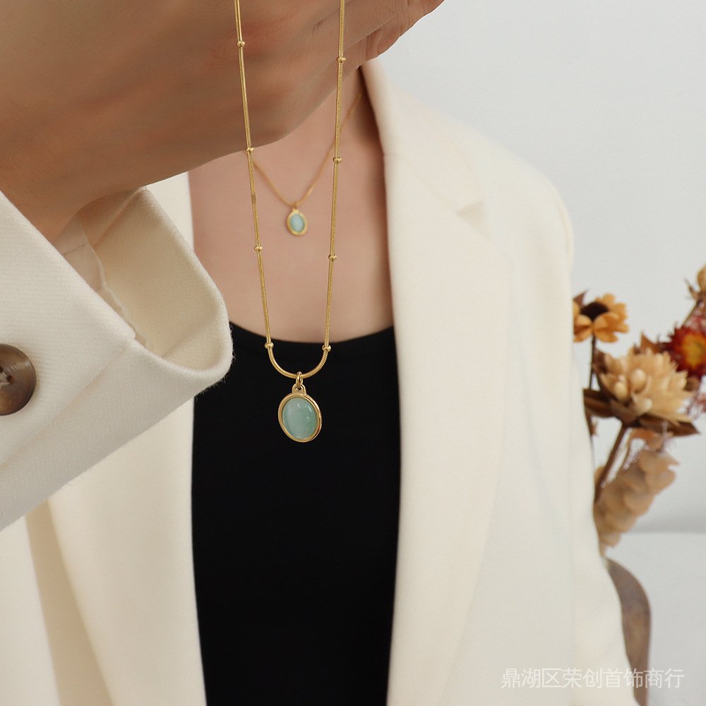 Dây Chuyền Thép Titan Mạ Vàng 18k Mặt Đá Opal Phong Cách Pháp l71G