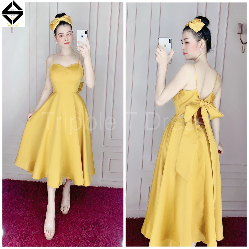 Đầm xoè dự tiệc 2 dây hở lưng cột nơ siêu yêu TRIPBLE T DRESS - size M/L - MS107Y