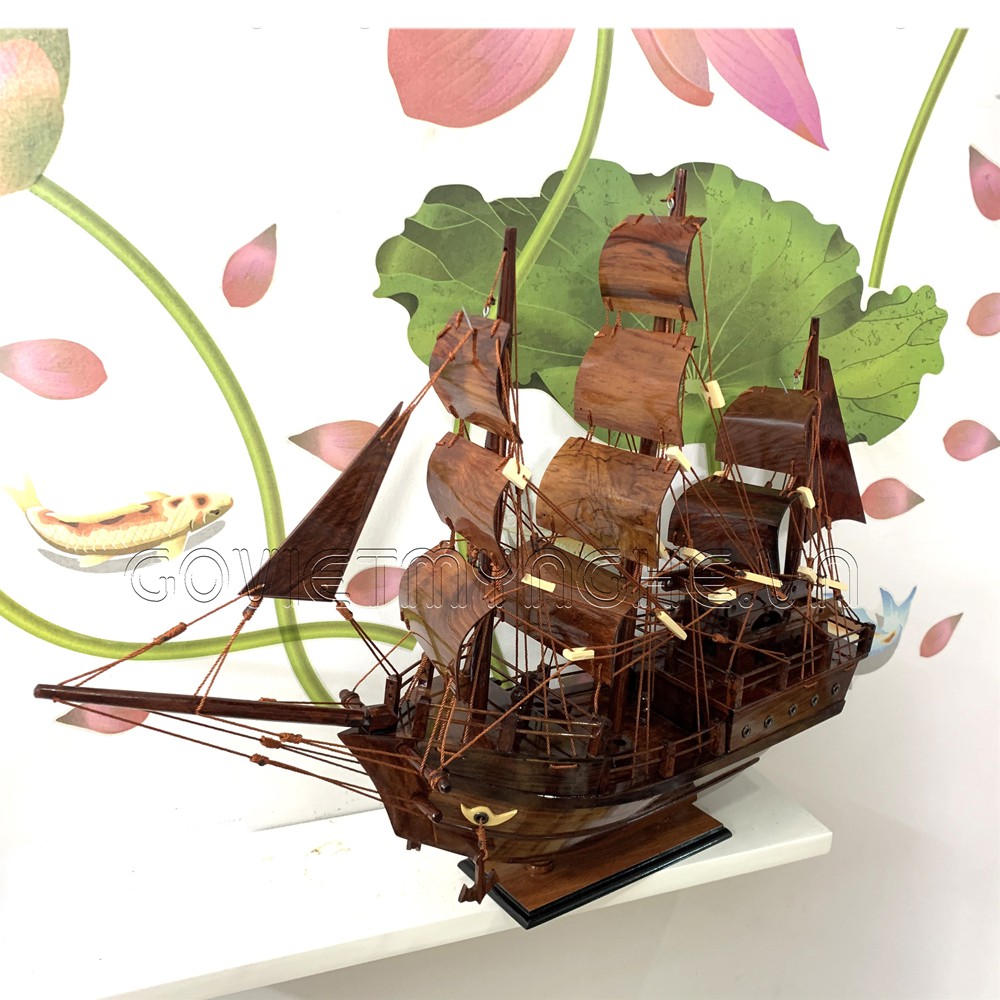 Mô hình tàu thuyền gỗ trang trí - thuyền gỗ buôn chở hàng Thái Lan - Chiều dài thân tàu 40cm - Gỗ cẩm lai