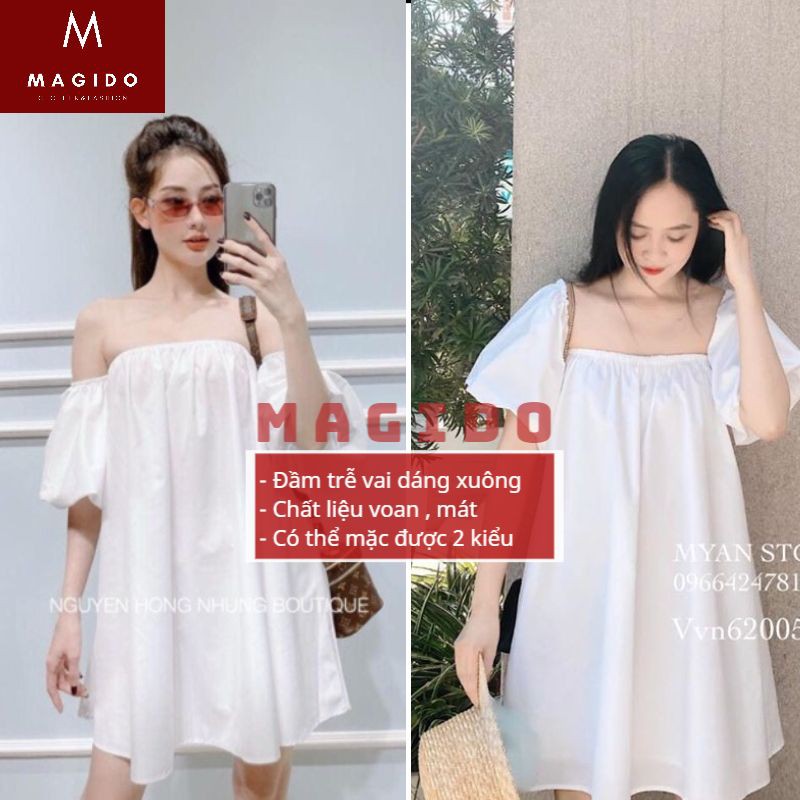 (QUÀ TẶNG LÀ SỮA TẮM) váy trễ vai 💚đầm nữ babydoll dáng xuông cực xinh, phong cách tiểu thư vintage,hót 2021 MAGIDO