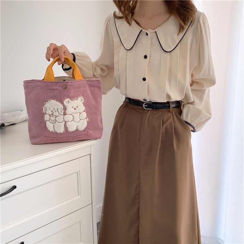 Túi Đựng Hộp Cơm Trưa Di Động Vải Nhung Mềm Thêu Hình Thỏ Hoạt Hình Dễ Thương