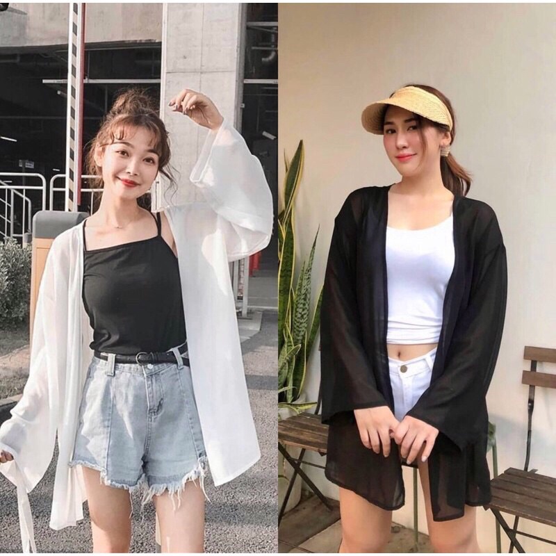 Áo  Kimono Tay Dài / ĐEN - TRẮNG