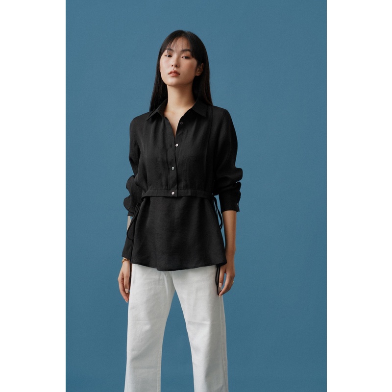 Áo sơ mi nữ chi tiết thắt nơ eo (Đen)_MONOTALK T10023TK