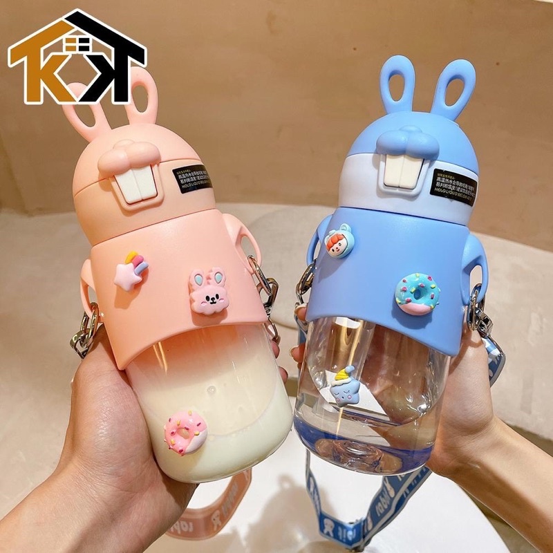 Bình giữ nhiệt tai thỏ 500ml cho bé có ống hút và quay đeo