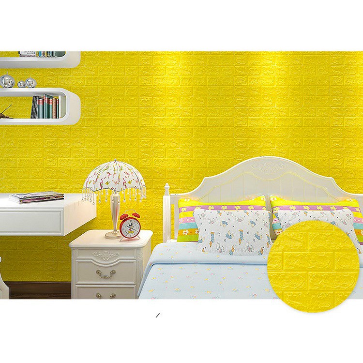 Xốp dán tường màu vàng giả gạch 3D loại dày 5mm