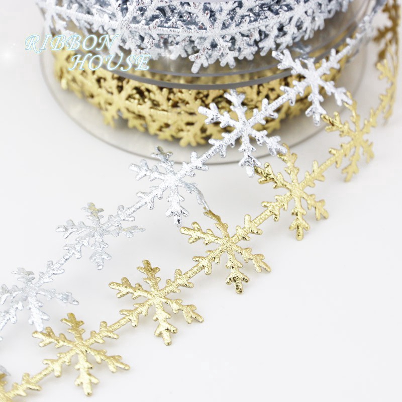(Cuộn 10m / Cuộn Dây Ruy Băng Ren Hoa Tuyết Màu Bạc / Vàng Trang Trí Giáng Sinh