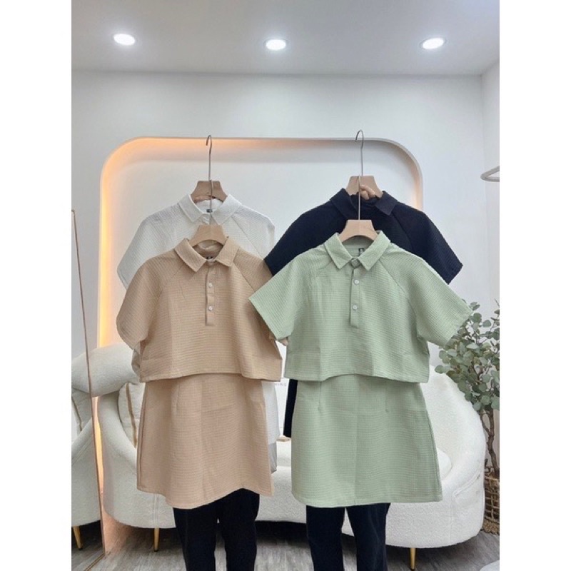 SET POLO TỔ ONG TRƠN ÁO CROPTOP KÈM CHÂN VÁY LY XOÈ DÁNG A SPTLTO