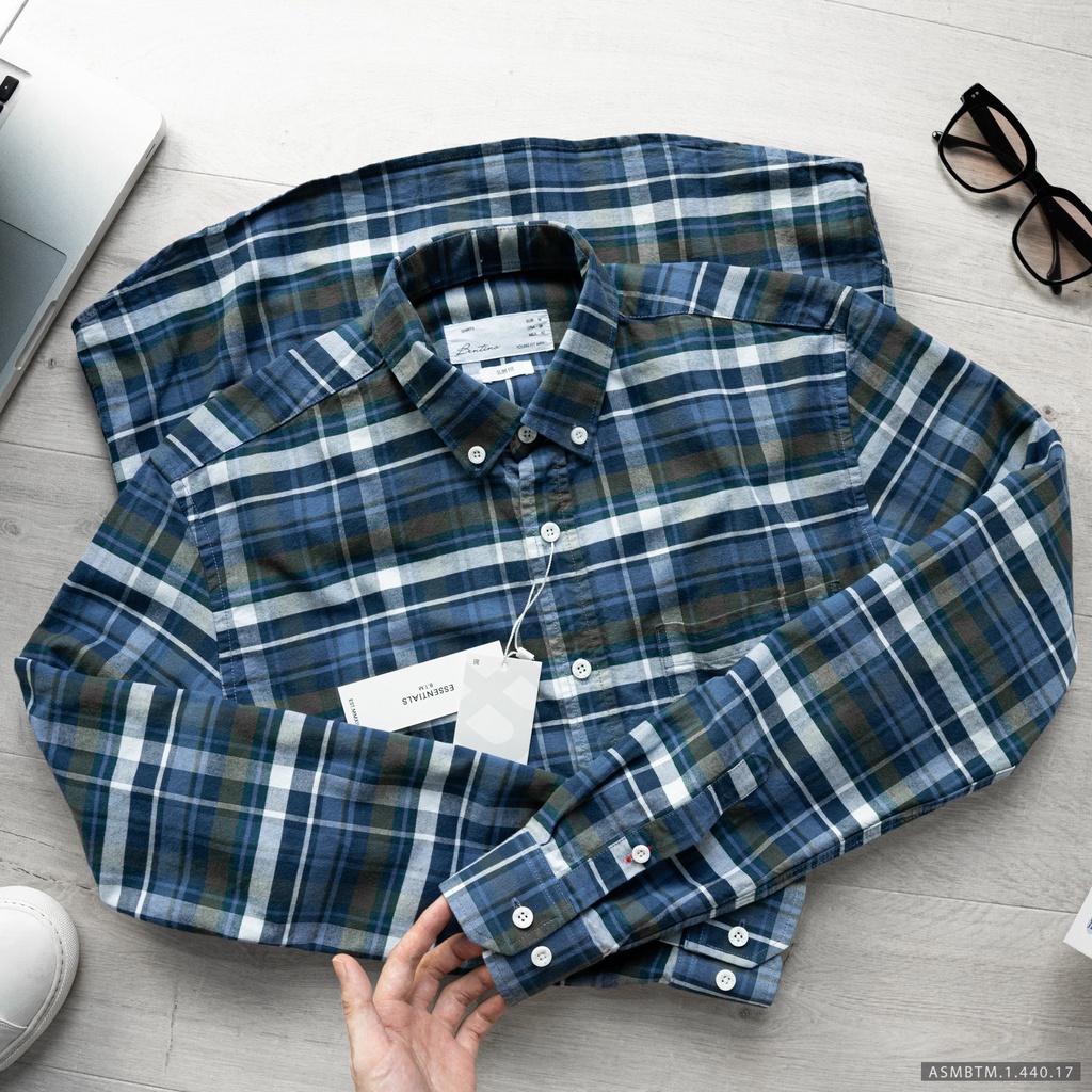 Aó sơ mi caro dài tay nam Flannel Bentino Form Slimfit, chất vải cotton pha sợi sồi, HÀNG VNXK