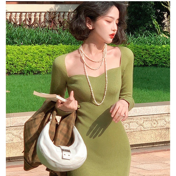 Đầm Dệt Kim Cổ Vuông Nhấn Eo Phong Cách Retro Pháp Thời Trang Mùa Thu Cho Nữ