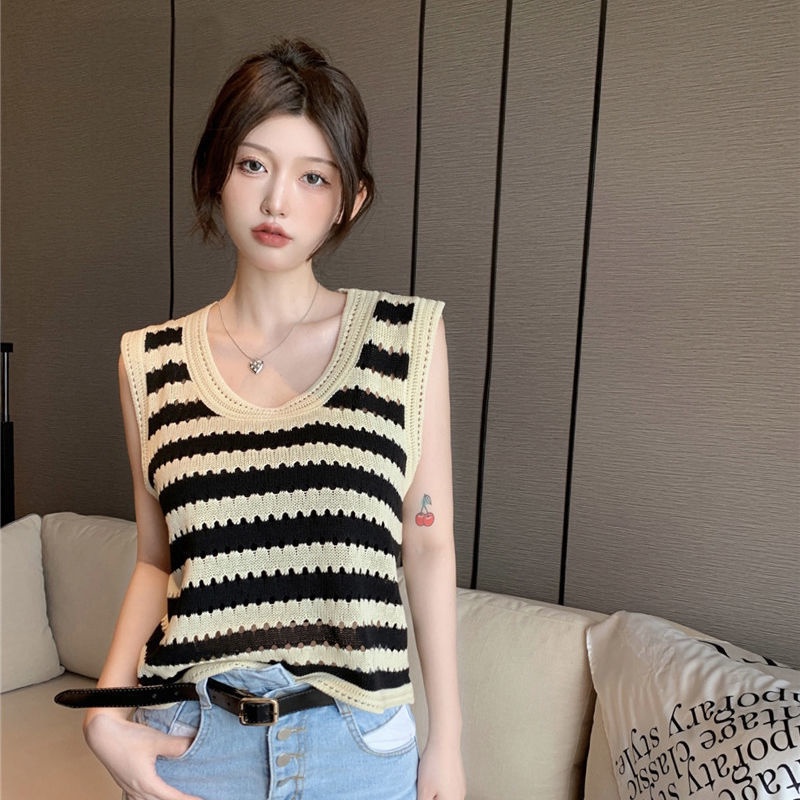 AMOI Áo Dệt Kim Sát Nách Dáng Rộng Họa Tiết Kẻ Sọc Phong Cách Vintage Cho Nữ