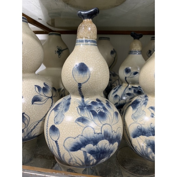 Hồ lô vẽ sen men rạn gốm sứ Bát Tràng