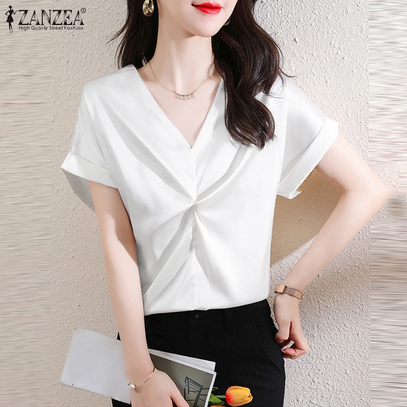 ZANZEA Áo Sơ Mi Vải Satin Tay Ngắn Cổ Chữ V Thời Trang Cho Nữ