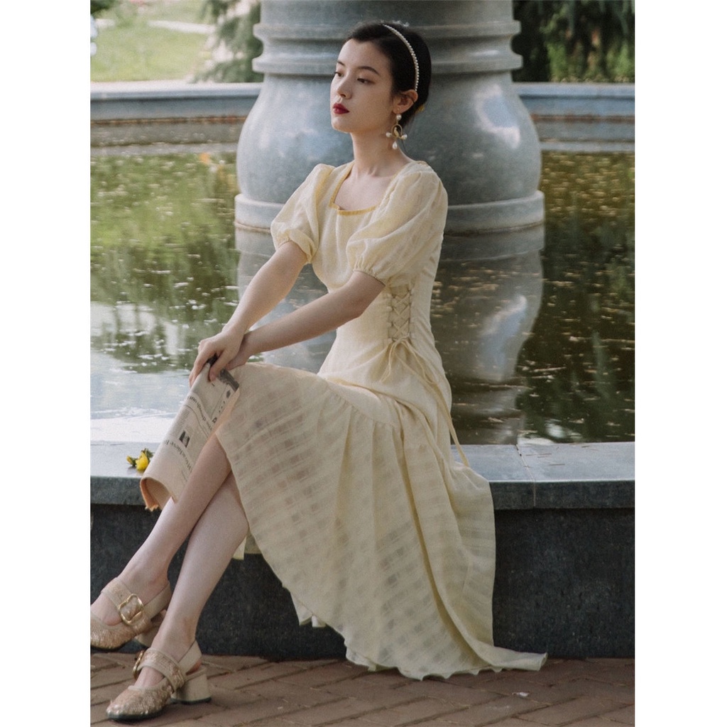 Cổ Phiếu Sẵn Sàng❣Đầm Đuôi Cá Cổ Vuông Tay Phồng Dài Trung Bình Cổ Điển Thời Trang Mùa Hè Cho Nữ