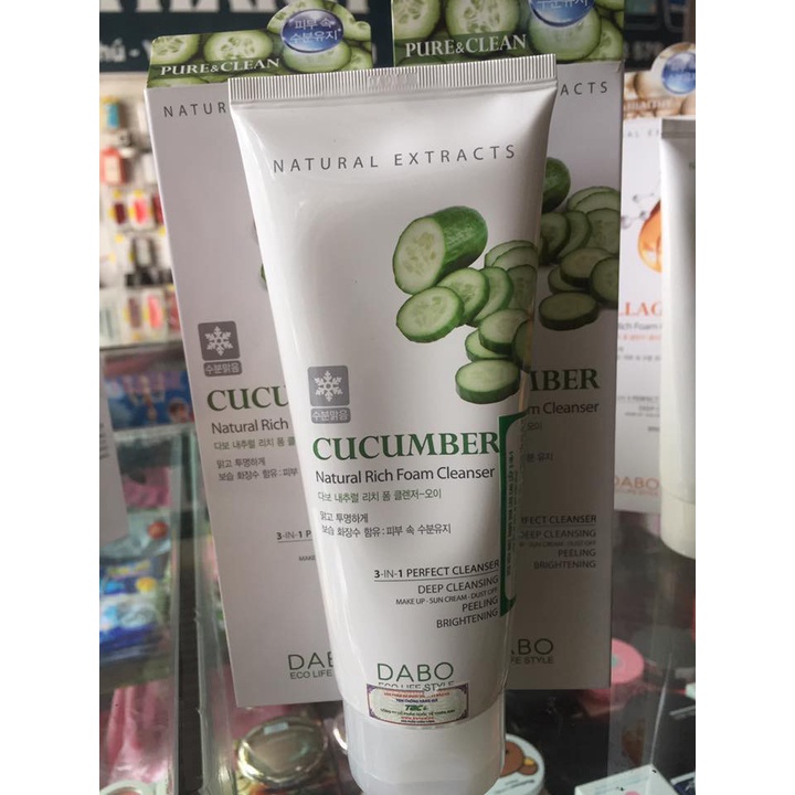 Sữa rửa mặt dưa leo dưỡng ẩm trắng da chính hãng Hàn Quốc Dabo Cucumber Natural Rich Foam Cleanser 180ml