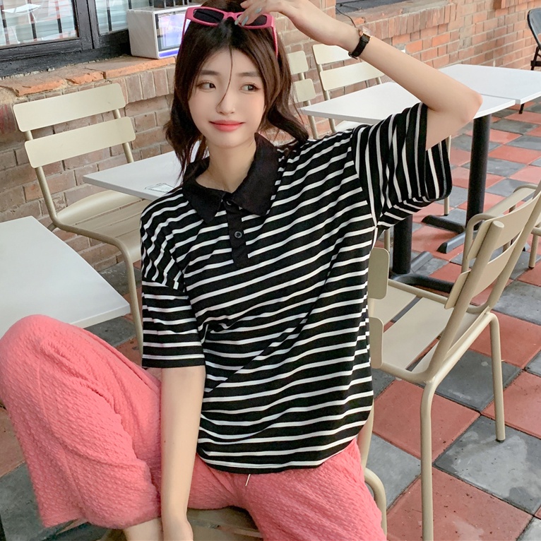 SUXI Áo polo Ngắn Tay Họa Tiết Kẻ Sọc Đen Trắng Phong Cách Vintage Dễ Phối Đồ