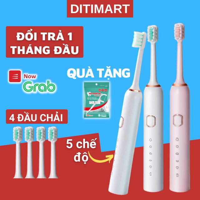 Bàn chải đánh răng điện sonic đổi trả 1 tháng kèm quà tặng 5 chế độ 4 đầu chải chống nước sợi dupont kháng khuẩn 518A