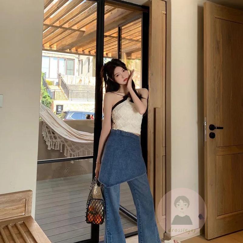 DRE-Women´s Summer Tank Tops,Camellia Embellishment Halter Sleeveless Asymmetric Slim Fit Tank Tops