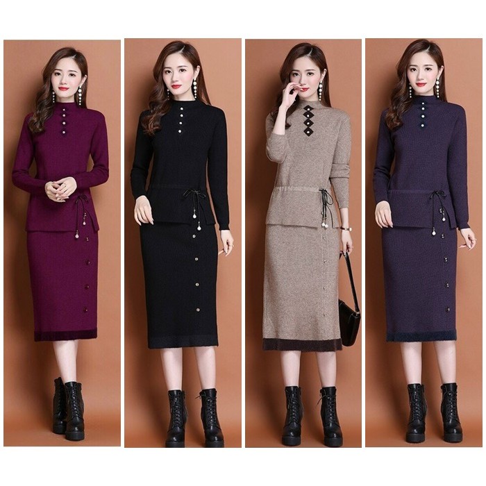 SET ĐẦM LEN PEPLUM EO RÚT DÂY CAO CẤP