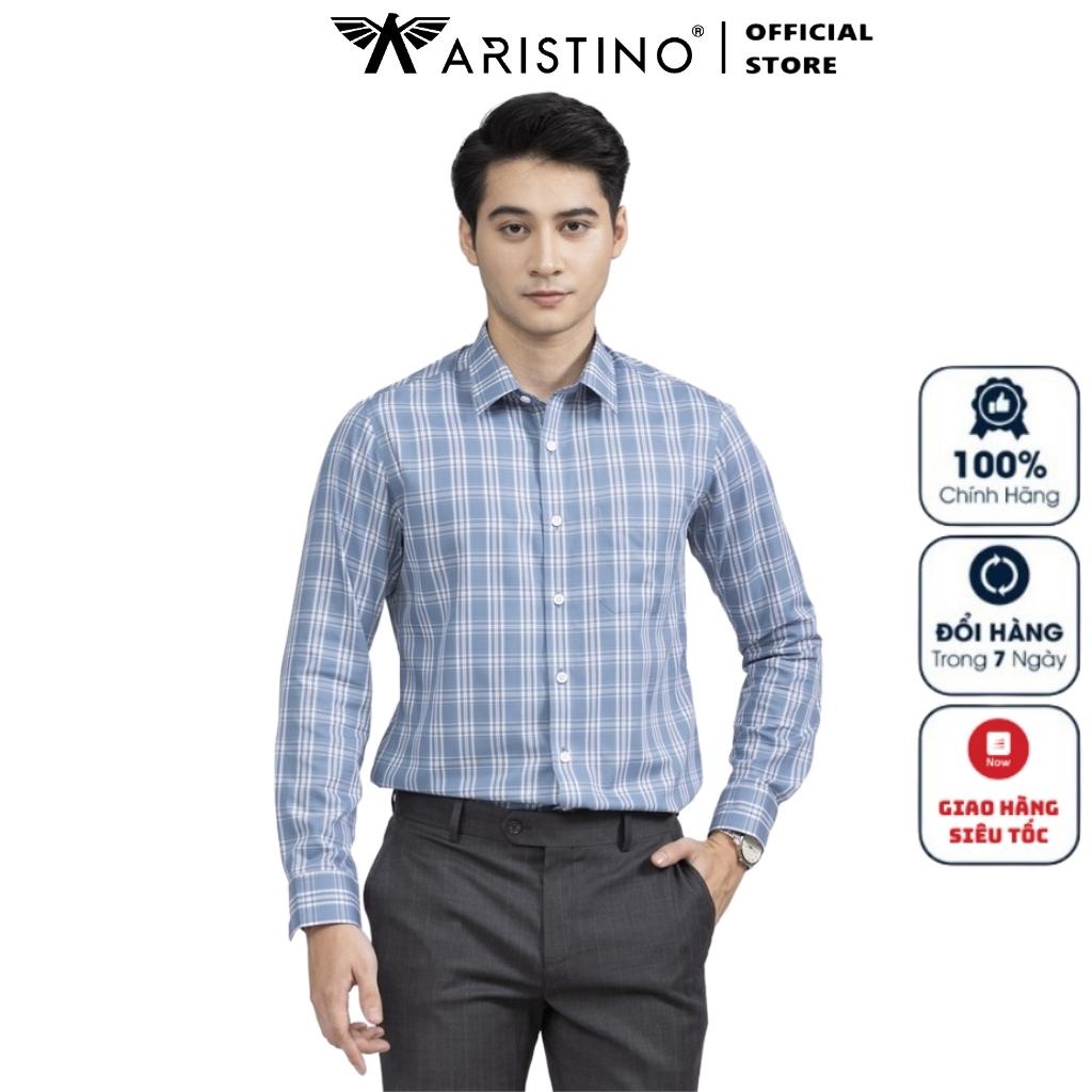 Áo Sơ Mi Nam Dài Tay ARISTINO ALS05602 Somi Công Sở Cao Cấp Màu Xanh Kẻ Trắng Vải Sợi Sồi Dáng Suông Tà Lượn Có Túi