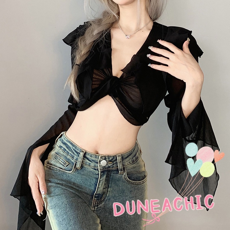DUNEA Áo Croptop Tay Dài Phối Lưới Phong Cách Quyến Rũ Cho Nữ
