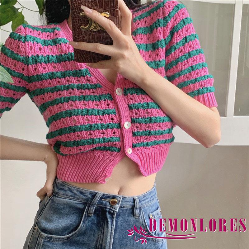 Áo Cardigan Dệt Kim Tay Ngắn Cổ Chữ V Cài Nút In Họa Tiết Kẻ Sọc Thanh Lịch Cho Nữ