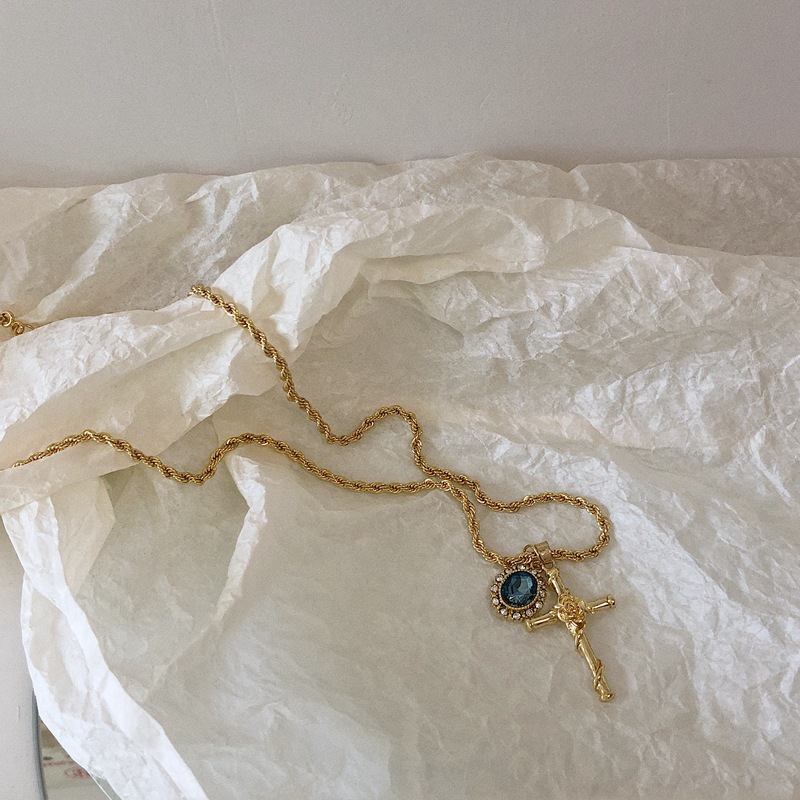 Dây chuyền mặt hình thánh giá đính đá opal màu xanh dương thời trang cho nữ 22814