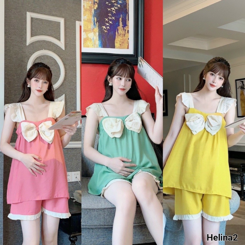 Bộ đồ bầu chất ĐŨI mềm mát với thiết kế tay cánh tiên phối nơ trước ngực xinh xắn dễ thương BĐ868