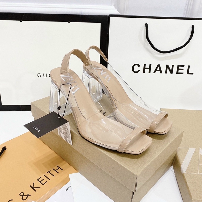 Sandal cao gót quai trong gót vuông zara hở mũi 7p