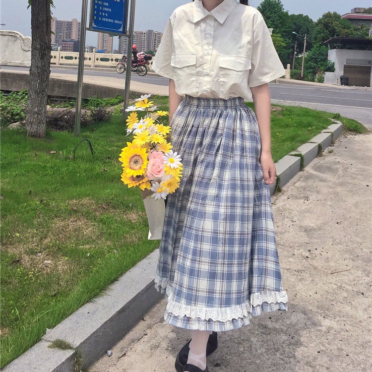 Set Chân Váy Chữ A Và Áo Sơ Mi Có Túi Họa Tiết Kẻ Sọc Hàng Mới Dành Cho Nữ