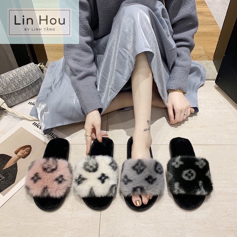 [Sale sốc] Dép lông quai ngang LV cao cấp, dép lông nữ quai ngang lông xù, Lin Hou LV fluffy sandals fluffy slippers