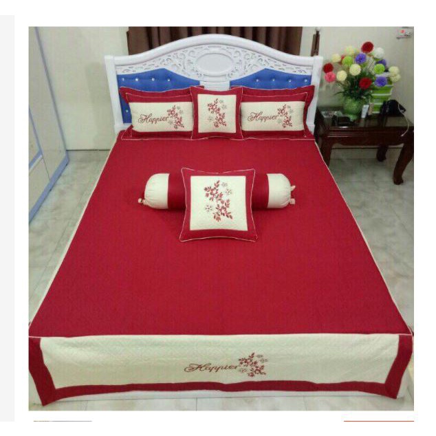 Ga phủ trần bông cotton satin có riềm phủ và gối màu thêu cao cấp nhiều màu, Bộ ga cưới cao cấp