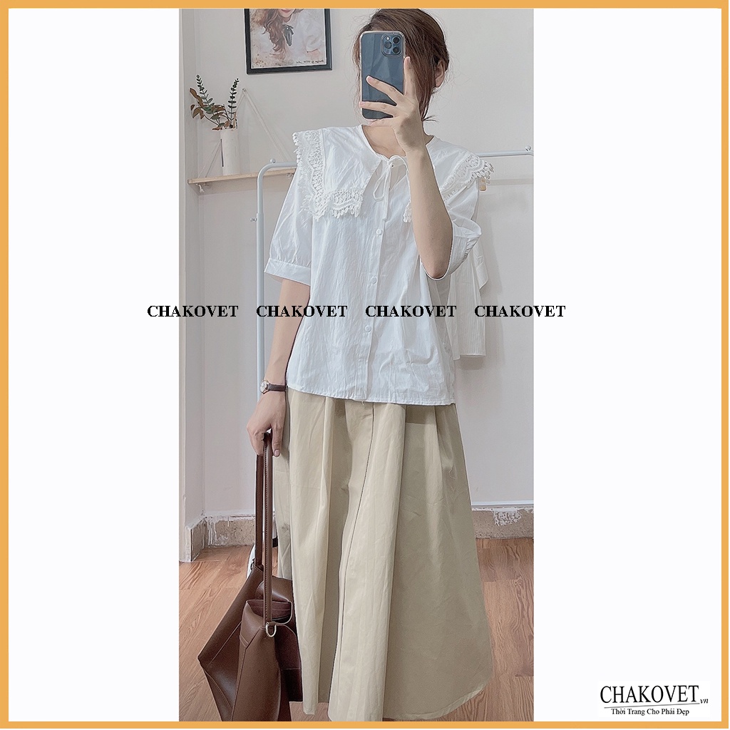 Áo kiểu nữ cổ tròn thắt nơ dây màu trắng cka833, kiểu áo sơ mi cổ bèo viền ren đẹp cá tính sành điệu freesize<55kg | BigBuy360 - bigbuy360.vn
