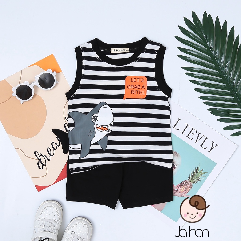 Bộ ba lỗ thun lạnh cao cấp ️in hình cá mập Minky Mom nhiều màu dành cho bé trai, bé gái