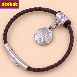 Vòng tay dây da nâu 3 ly - Dây da đeo tay bát quái inox VDDTNBBQT