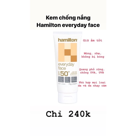 Kem chống nắng Hamilton everyday Face SPF50+
