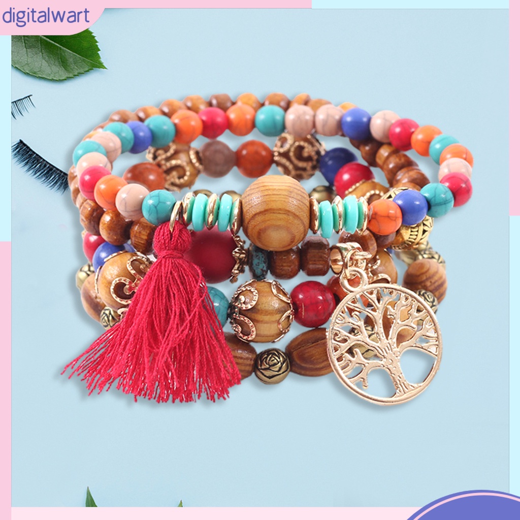 Bộ 4 vòng tay chuỗi hạt gỗ phối tua thời trang dành cho nam và nữ