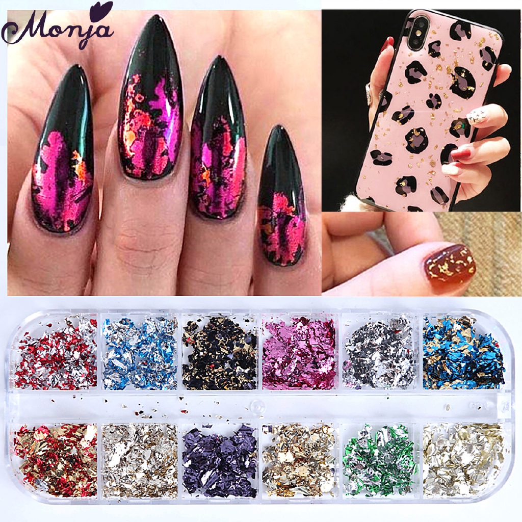 MONJA Hộp Lá Nhôm 12 Ô Nhiều Màu Trang Trí Móng Tay Nghệ Thuật