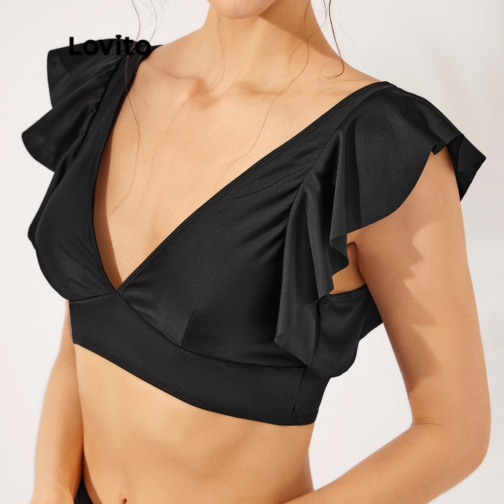 Set bikini Lovito cơ bản viền nhún bèo cổ chữ V với miếng đệm có thể tháo rời L23AD056 (màu đen)