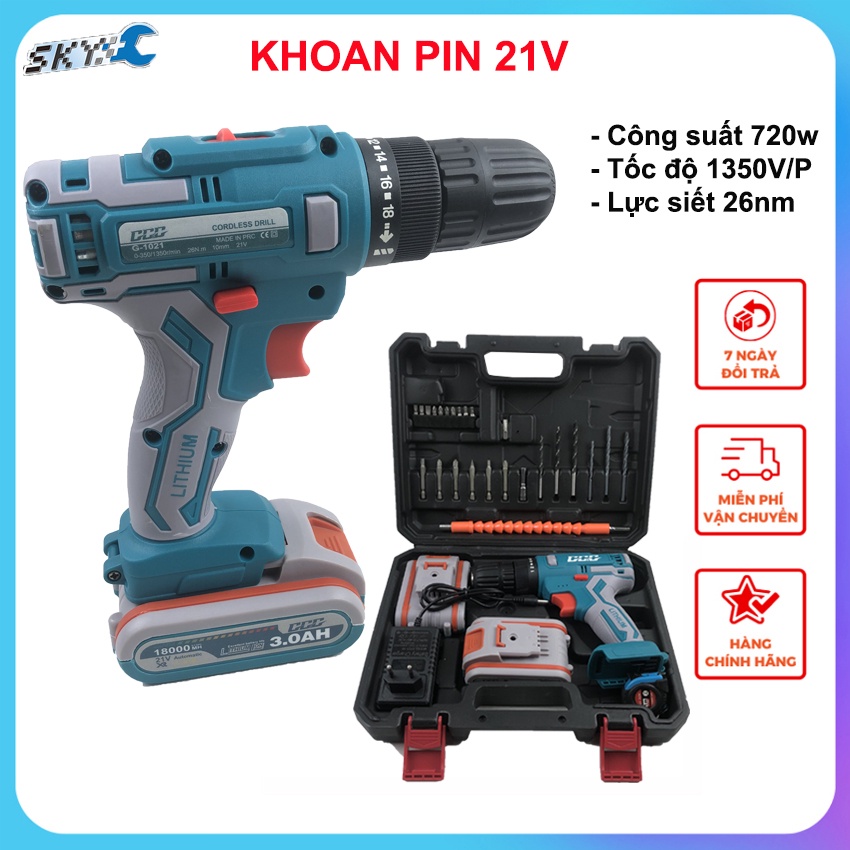 Máy khoan pin 21V-G1021 công nghệ Thái Lan, Công suất 720w, đèn LED siêu sáng |Tặng kèm bộ phụ kiện 25 chi tiết