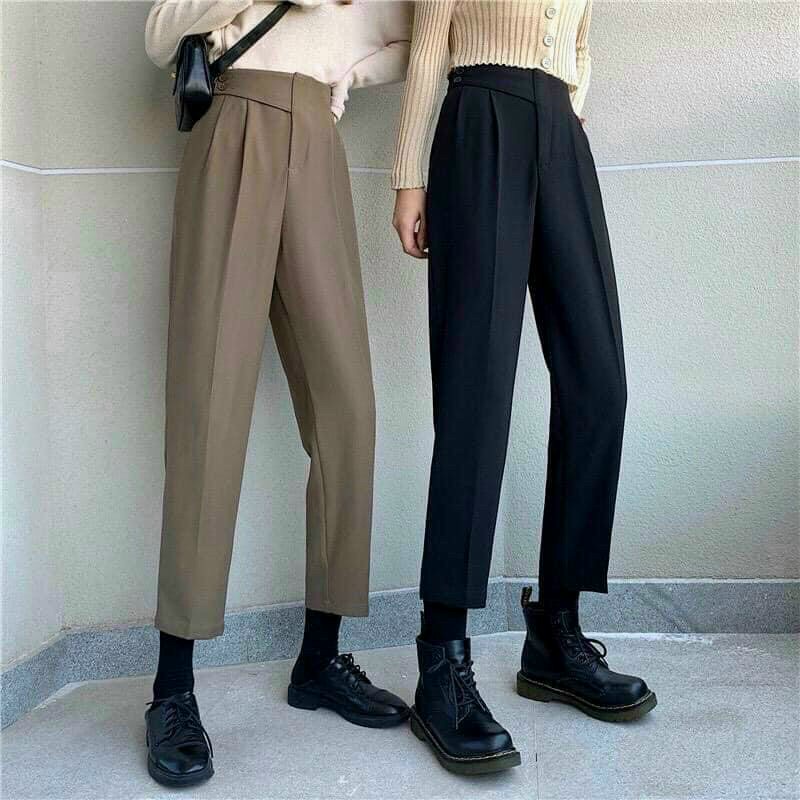 Quần baggy nữ  lưng cao  vạt chéo 2 khuy cao cấp