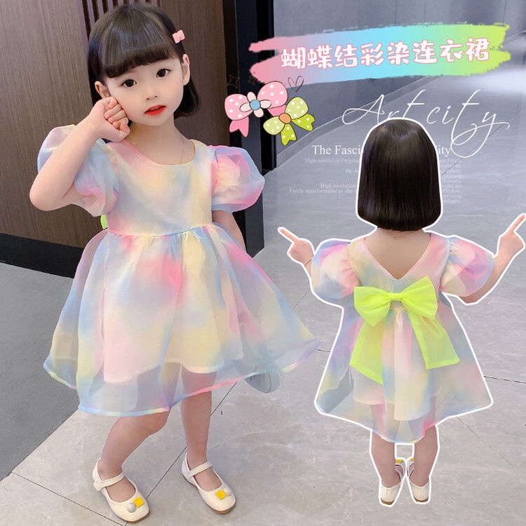 Đầm Công Chúa Tay Phồng Ngắn Thắt Nơ Màu Cầu Vồng Gradient Thời Trang Mùa Hè Hàn Quốc Hàng Mới Dành Cho Bé Gái 2023