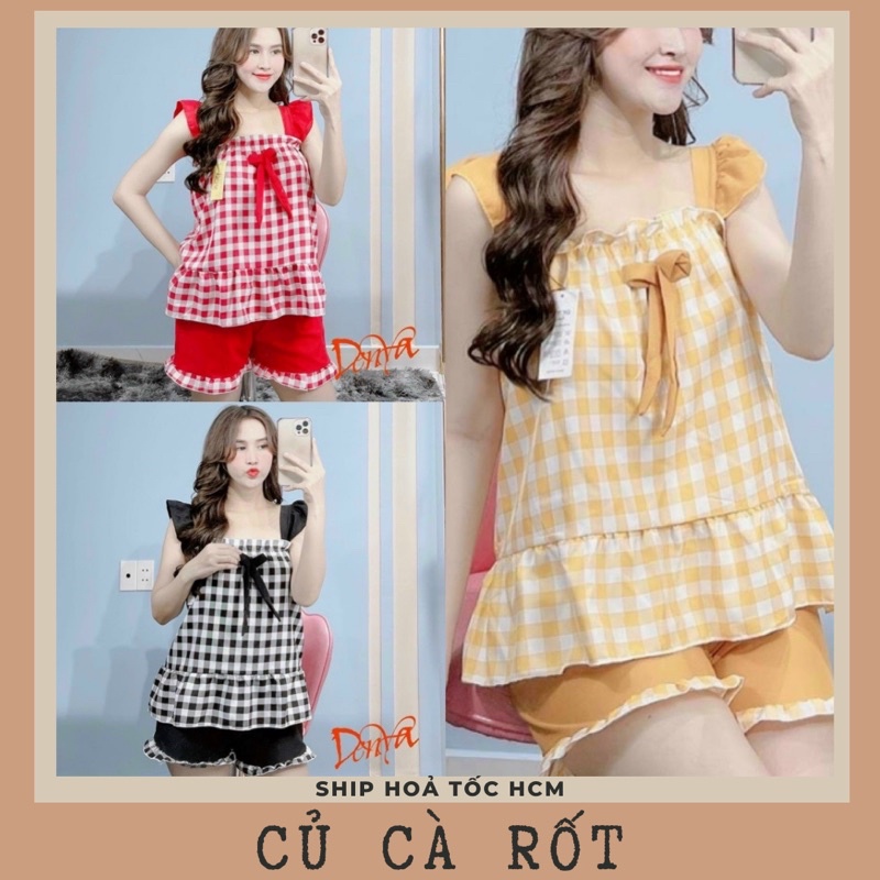 🔥HOT🔥 Set bộ caro quần đùi áo cánh tiên dễ thương chất mềm thoáng mát