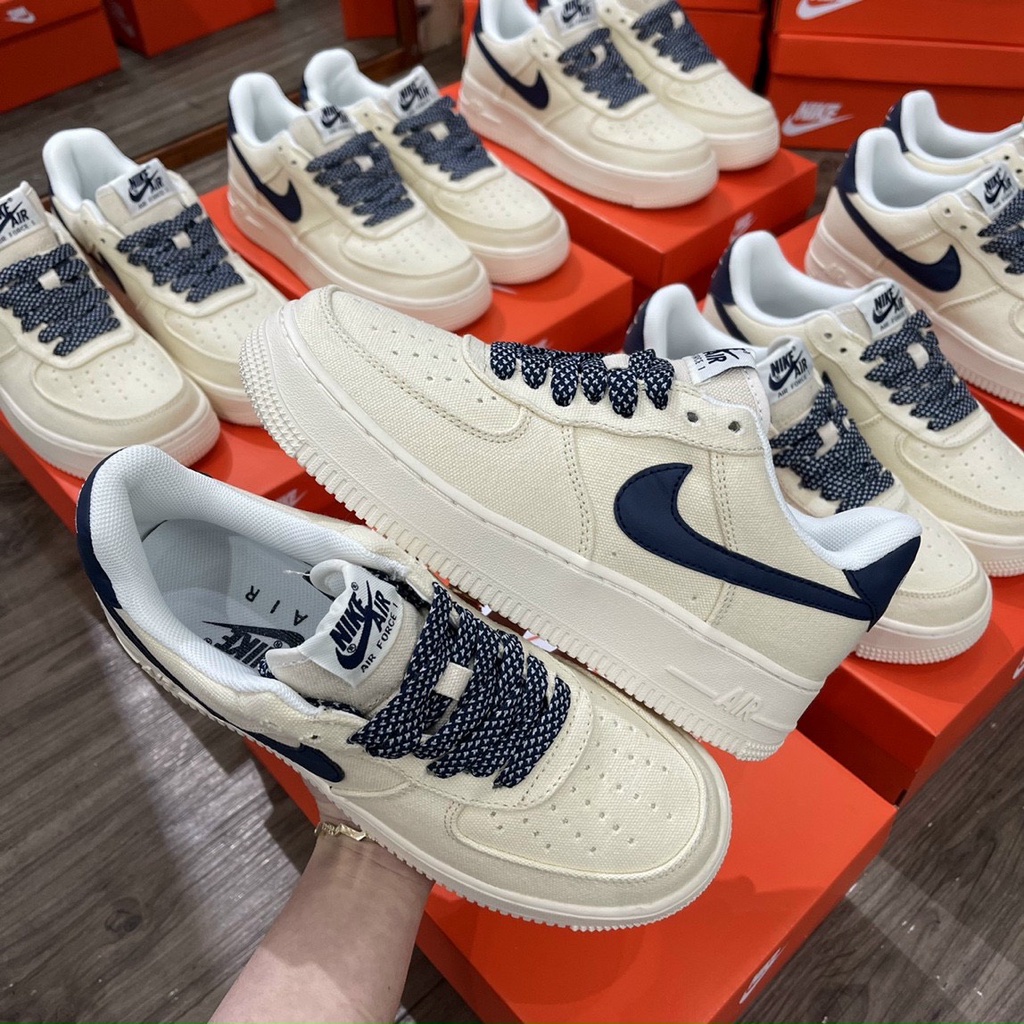 Giày Thể Thao Air Force 1 Canvas Navy Nam Nữ Tích Xanh Mới, Giày Sneaker AF1 Màu Be Tích Xanh Đầy Đủ Phụ Kiện