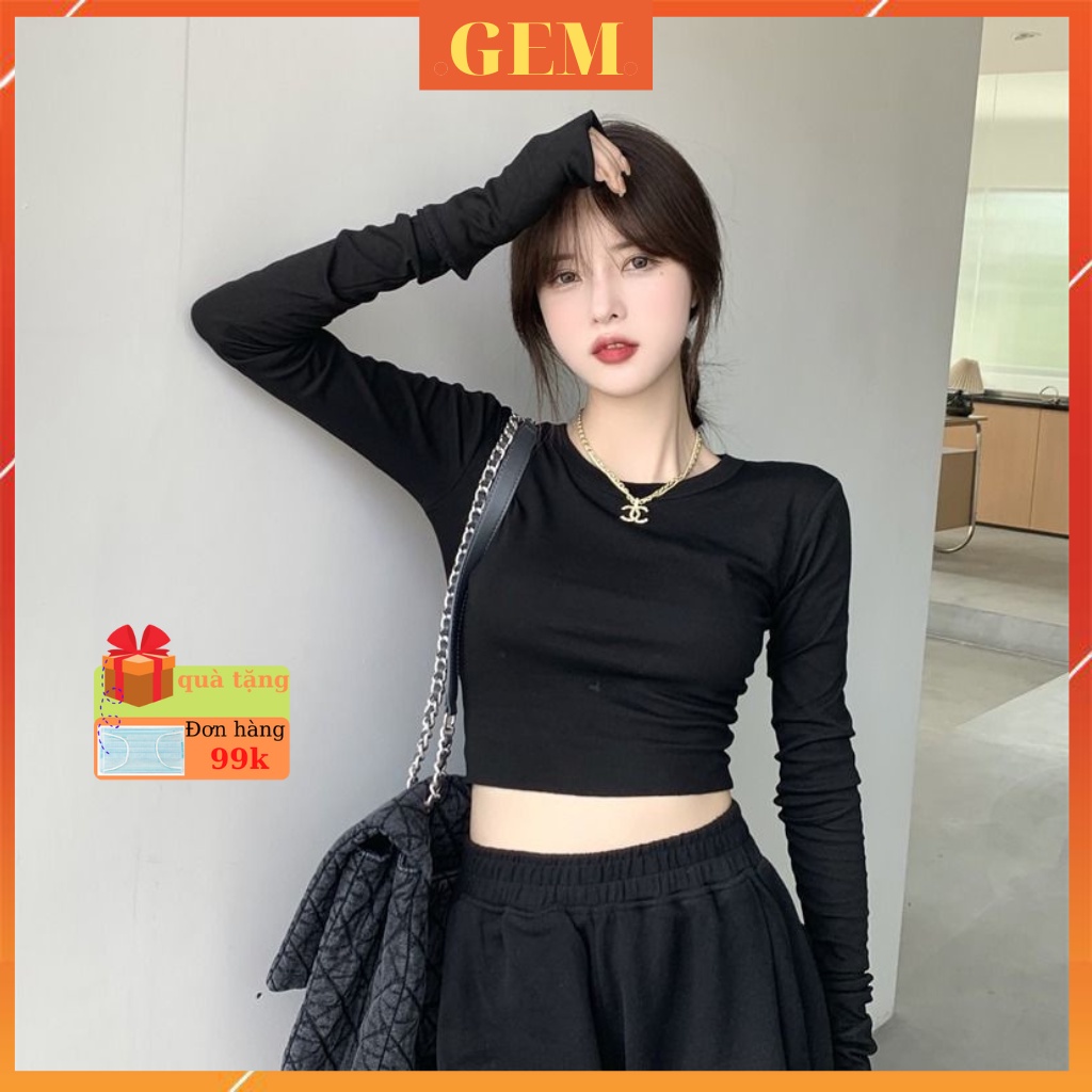 Áo croptop tay dài cổ tròn ôm body , áo thun nữ kiểu phong cách Hàn Quốc