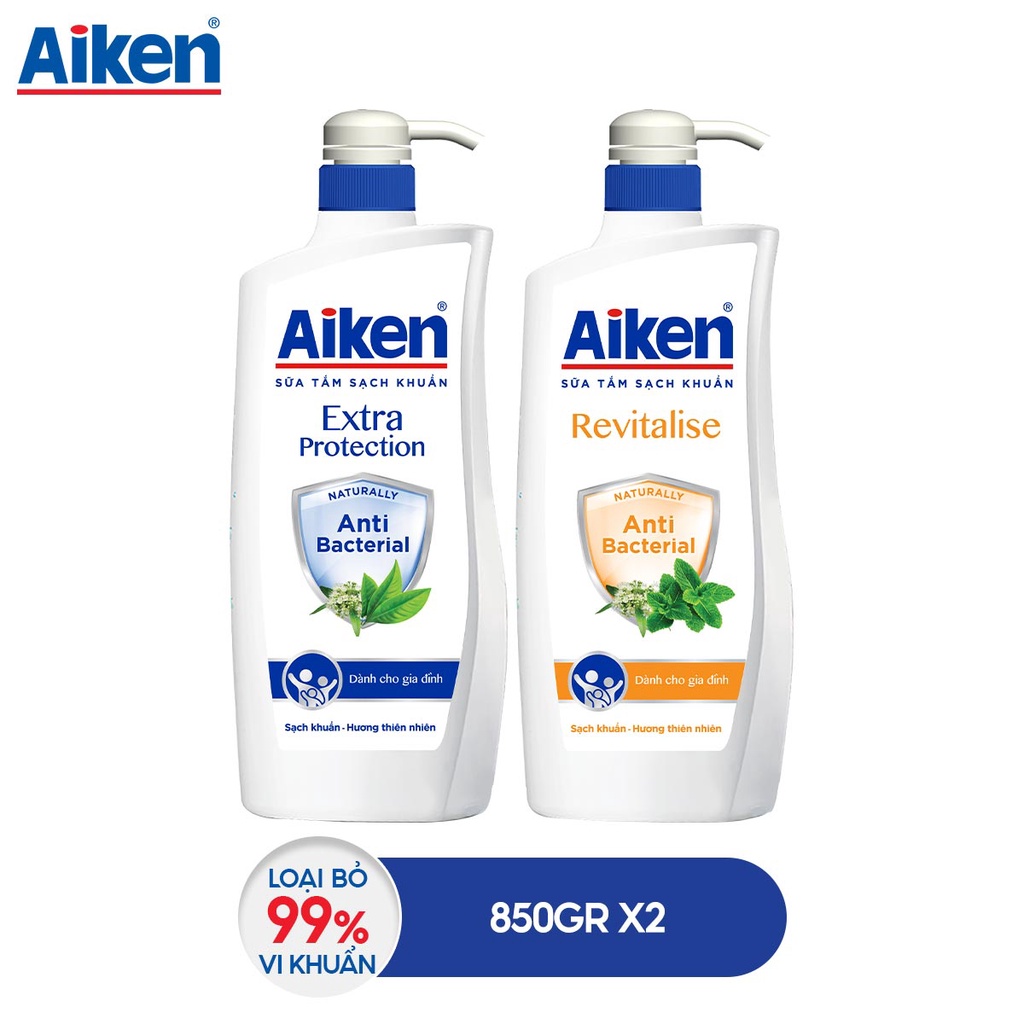 [Mã COSBDAG5 giảm 8% đơn 150k] Combo 2 sữa tắm sạch khuẩn Aiken 850g chiết xuất bạc hà và trà xanh thiên nhiên