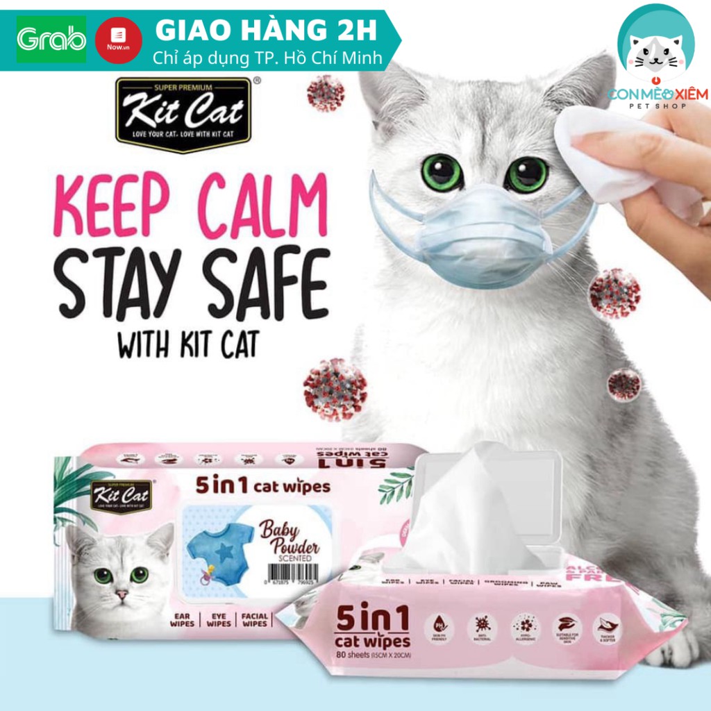 Khăn giấy ướt cho mèo Kit cat wipes 5 trong 1, lau vệ sinh tai mặt chân cho mèo lớn mèo nhỏ Con Mèo Xiêm