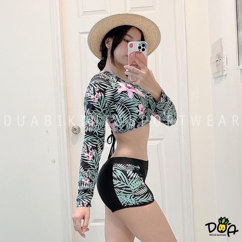 [VN2] Bikini nữ tay dài croptop hoa lá đan dây lưng