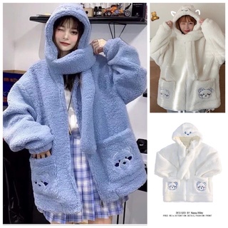 Áo Khoác Hoodie Lông Nữ Form Rộng Kèm Túi Mũ Khăn 2 màu Trắng Xanh Siêu Dày Dặn