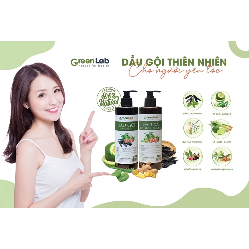 Dầu gội bồ kết và  dầu xả dừa bưởi nha đam thiên nhiên Green Lab