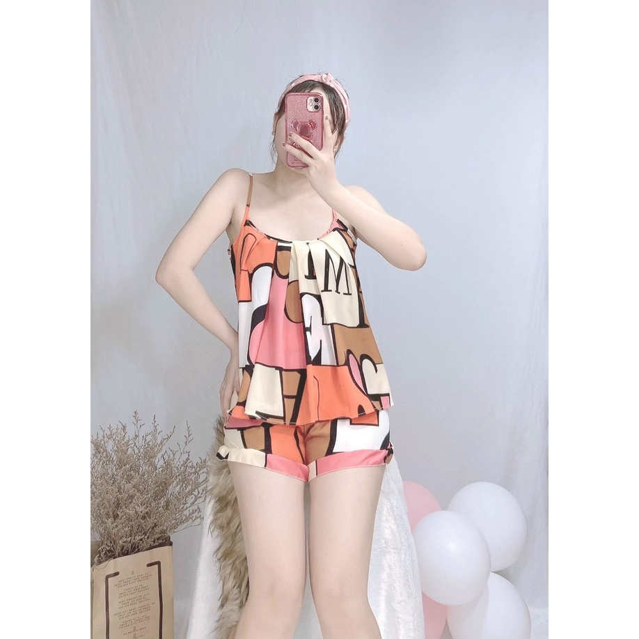 Set đồ ngủ nữ 2 dây xếp ly kèm quần đùi chất liệu lụa hàn mềm, thoáng mát freesize dưới 58kg